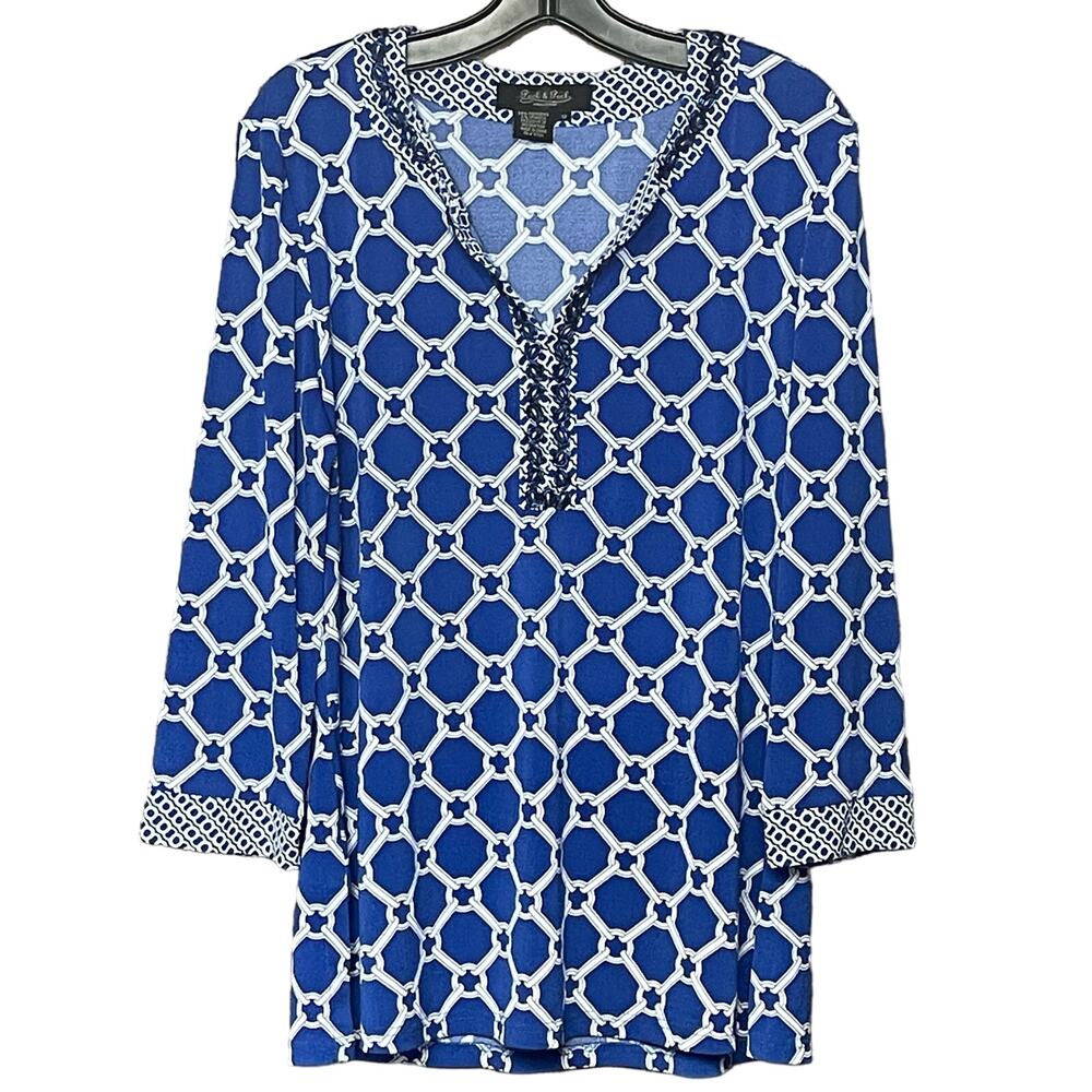 Peck & Peck Collection pullover top beaded blue white vneck beachy women’s 12
